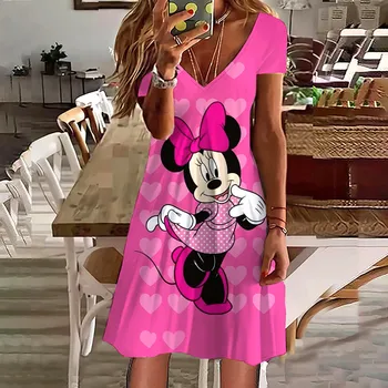 Disney Мини Маус рокля Дамско лято 2022 Секси V образно деколте флорални Boho плажна рокля къс ръкав A-линия коляното дължина рокля