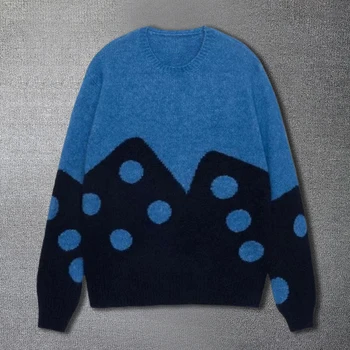 Най-високо качество японски цвят контраст етнически пуловер геометрични контрастни цветове шевове трикотажни кръг врата пуловер пуловер