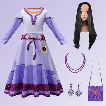 Asha Cosplay Kids Girls Fantasy Cartoon Princess Costume Disguise Dress Wigs Bag Necklace Children Halloween Roleplay Outfits