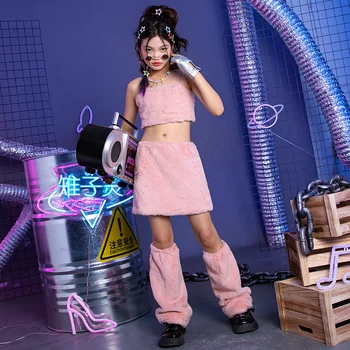 New Jazz Modern Dance Performance Costumes Kids Pink Fluffy Hiphop Suit For Girls Ballroom Hip Hop Dancing Rave Clothes DQL8661