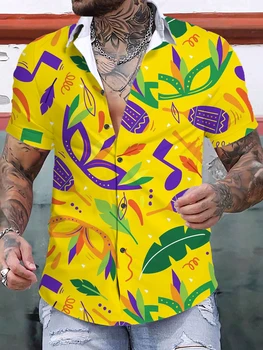2024 Смешни мъжки ризи Mardi Gras Графичен 3D печат Прости ризи Къс ръкав Tee Tops Улично облекло Свободни ежедневни хавайски ризи