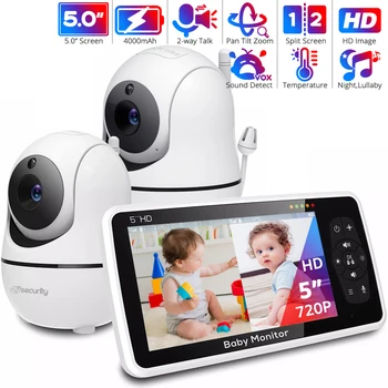 5''HD бебешки монитор с 2 камери Pan-Tilt 4X Zoom 2-посочна аудио бебешка камера Nanny Night Vision 22-Hour Batterr Video Babysitter